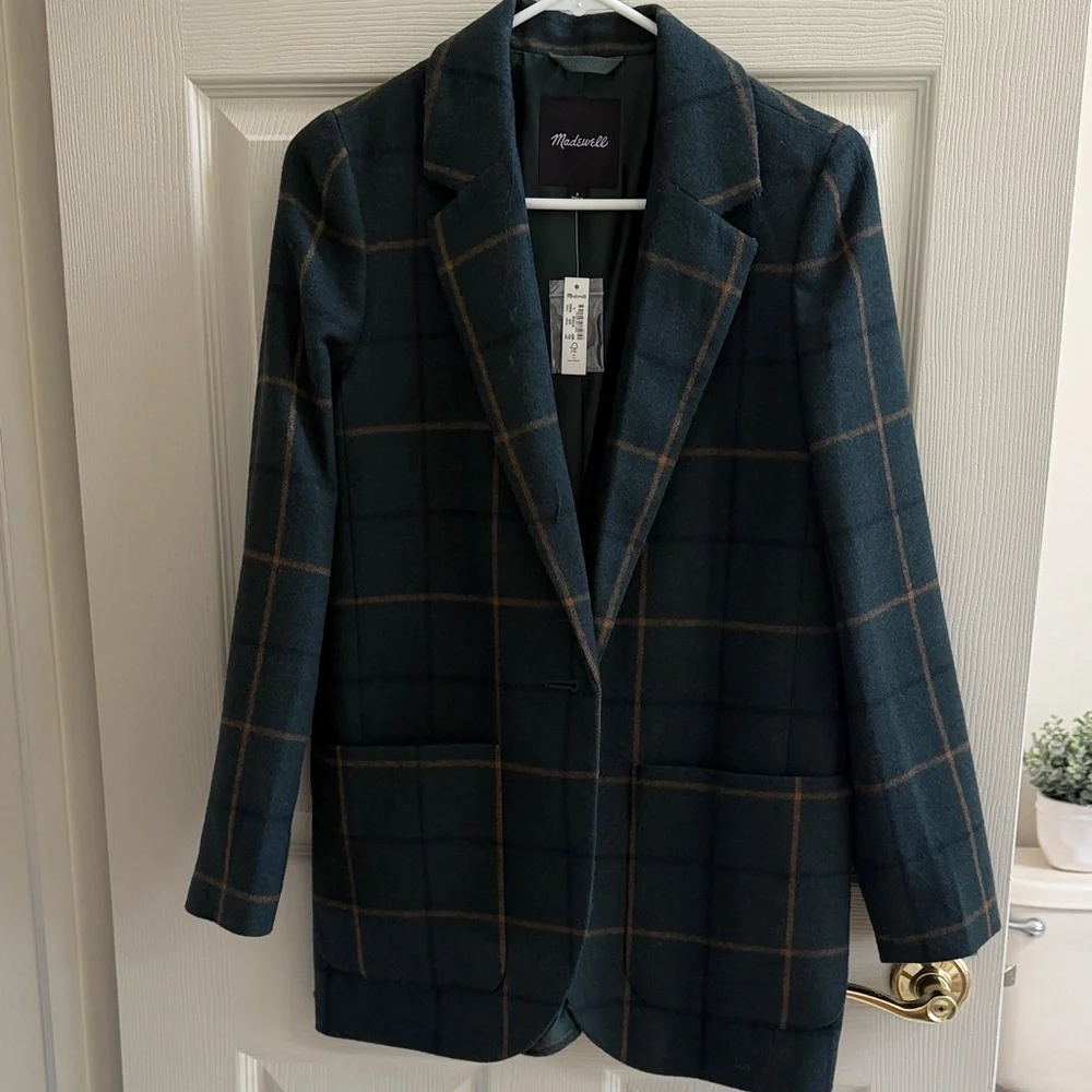 Madewell Dark Green Windowpane Plaid Single-Button Blazer - Picture 4 of 4